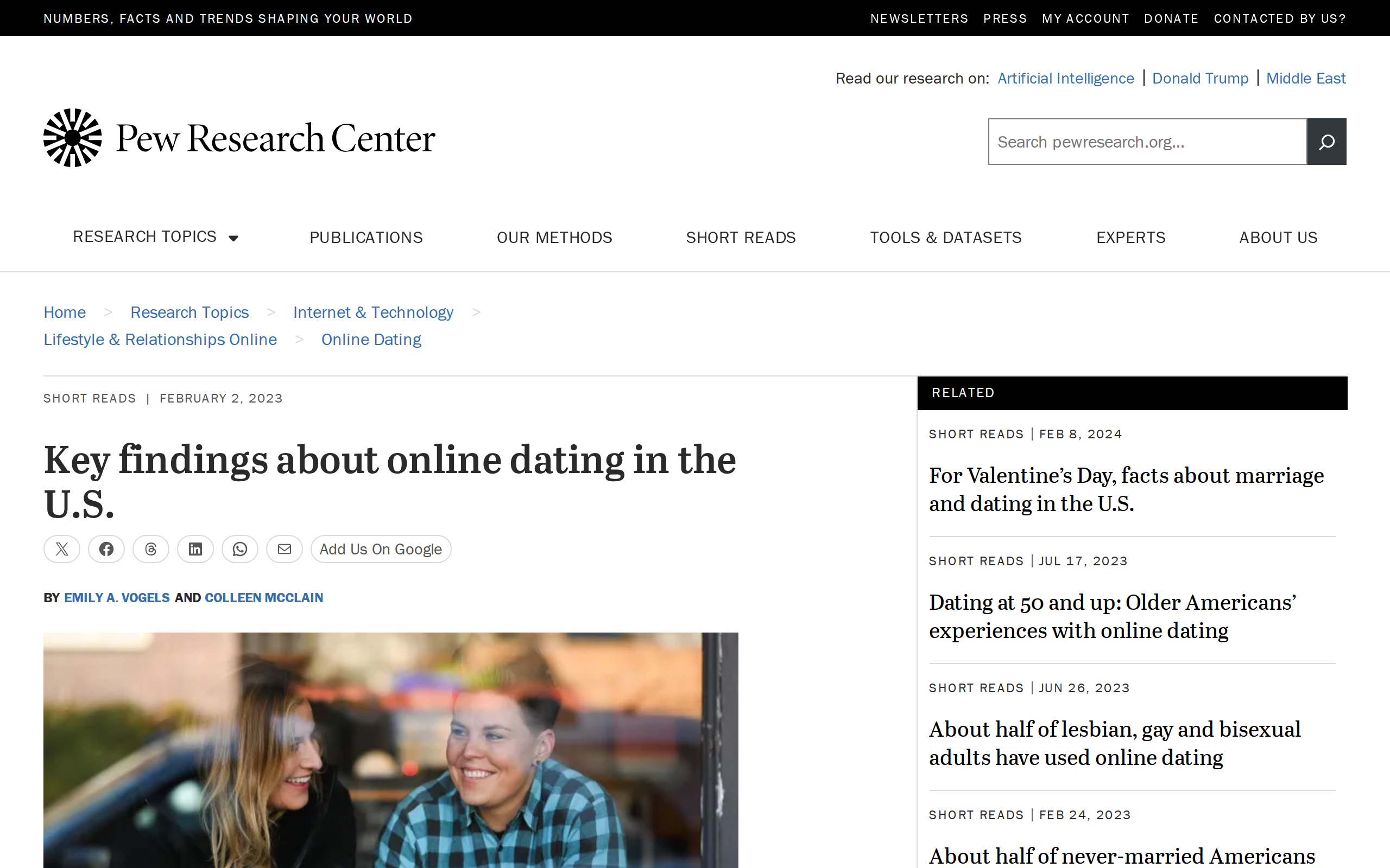 Pew Research Center short read titled Key findings about online dating in the U.S., dated February 2 2023, with a breadcrumb trail reading Home, Research Topics, Internet and Technology, Lifestyle and Relationships Online, Online Dating