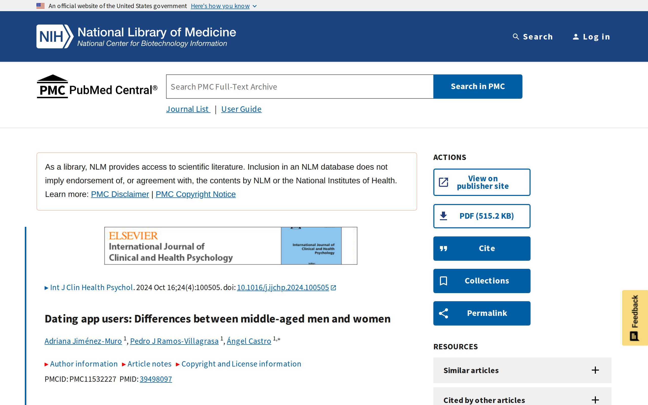PubMed Central listing for the 2024 International Journal of Clinical and Health Psychology paper titled Dating app users, Differences between middle-aged men and women, by Jimenez-Muro, Ramos-Villagrasa and Castro
