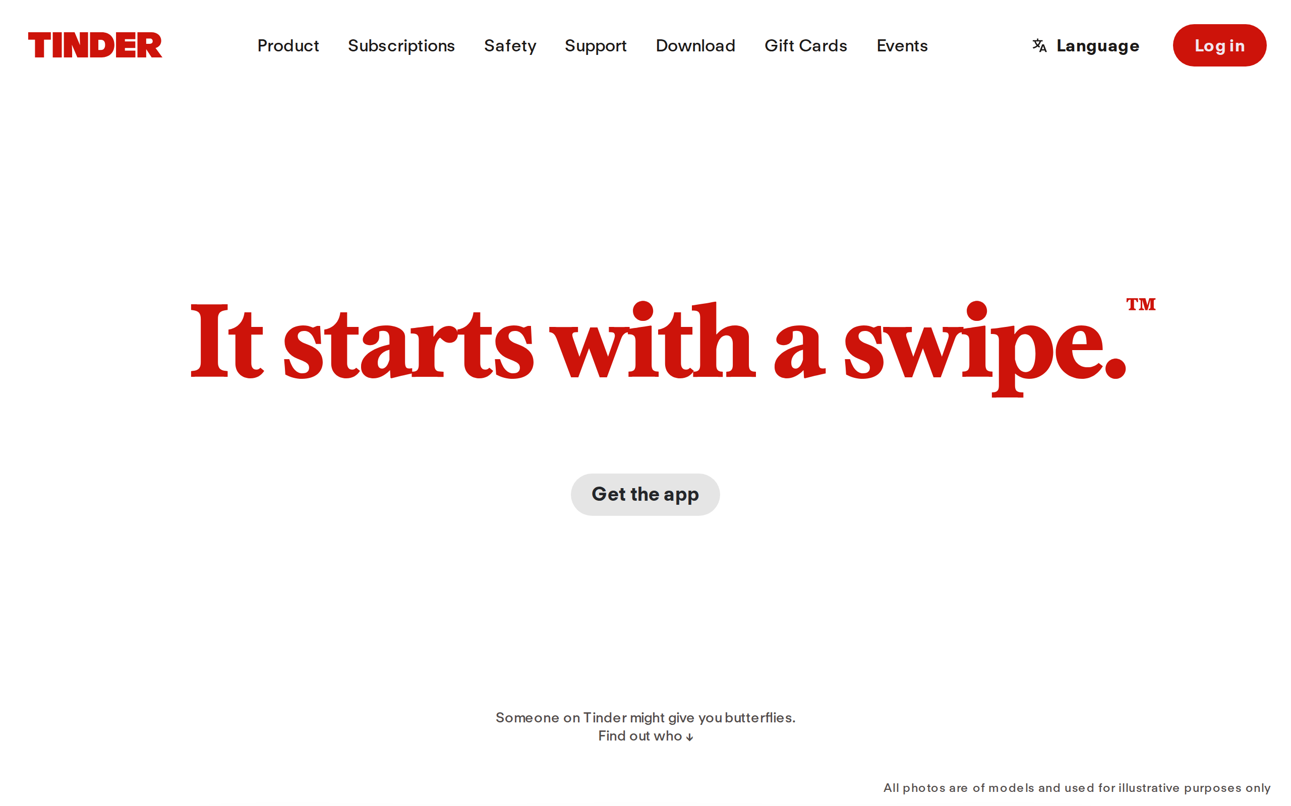 Tinder homepage with the headline It starts with a swipe and a Get the app button