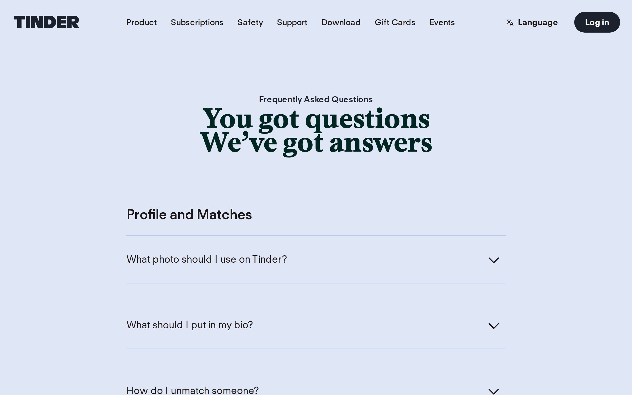 Tinder FAQ page with a Profile and Matches section