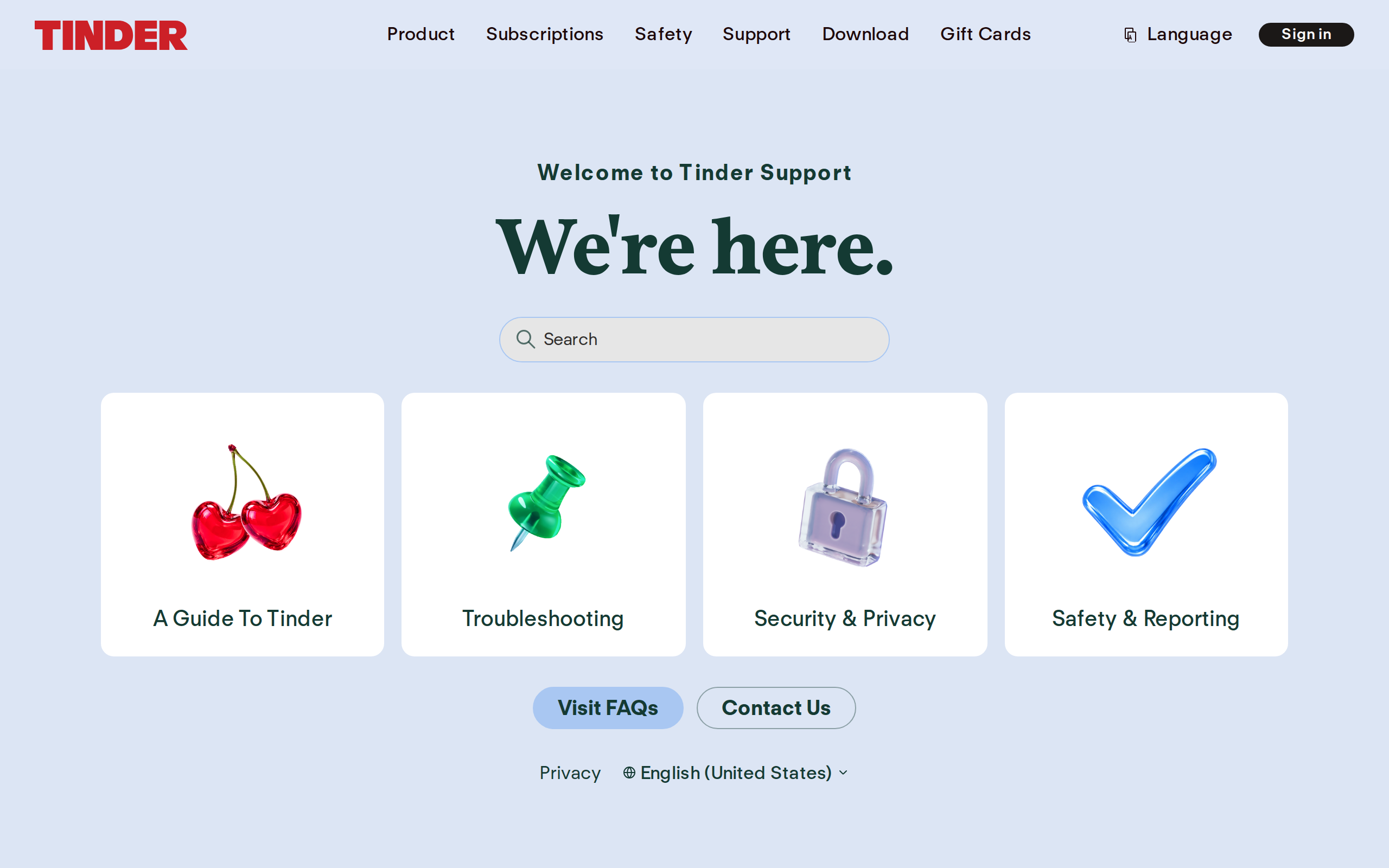 Tinder support page with troubleshooting and safety sections